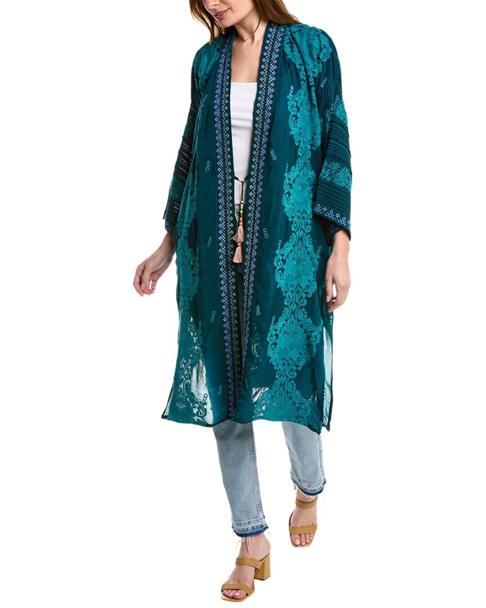 JOHNNY WAS Bellamo Verona Kimono In Blue teal  large embroidered $480 beaded tie